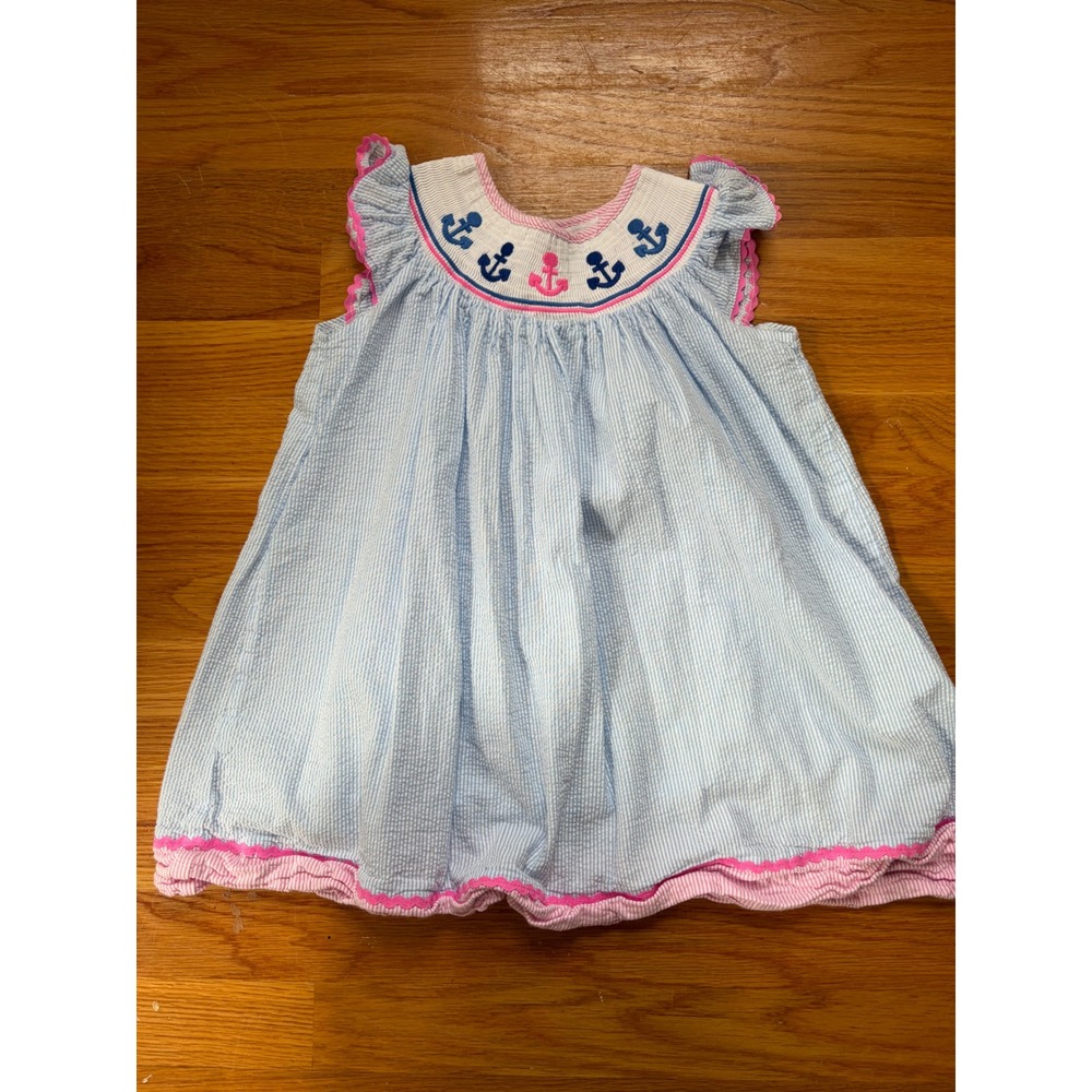 Lil Cactus Girls 3T Blue Seersucker Smocked Anchor Bishop Dress Nautical Pink